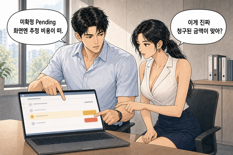강태윤과 한서윤이 함께 등장하는 웹툰 2컷. 한서윤: 이게 진짜 청구된 금액이 맞아? 강태윤: 미확정 Pending 화면엔 추정 비용이 떠.