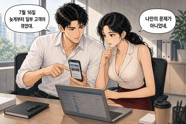 강태윤과 한서윤이 함께 등장하는 웹툰 3컷. 강태윤: 7월 16일 늦게부터 일부 고객이 겪었대. 한서윤: 나만의 문제가 아니었네.