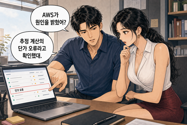 강태윤과 한서윤이 함께 등장하는 웹툰 4컷. 한서윤: AWS가 원인을 밝혔어? 강태윤: 추정 계산의 단가 오류라고 확인했대.