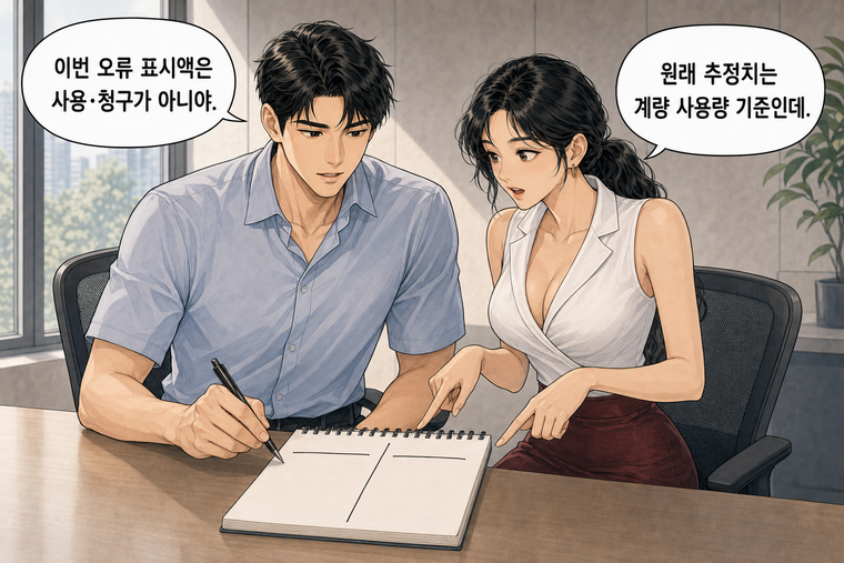 강태윤과 한서윤이 함께 등장하는 웹툰 5컷. 강태윤: 이번 오류 표시액은 사용·청구가 아니야. 한서윤: 원래 추정치는 계량 사용량 기준인데.