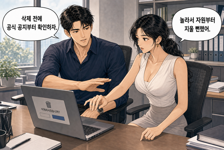 강태윤과 한서윤이 함께 등장하는 웹툰 6컷. 한서윤: 놀라서 자원부터 지울 뻔했어. 강태윤: 삭제 전에 공식 공지부터 확인하자.