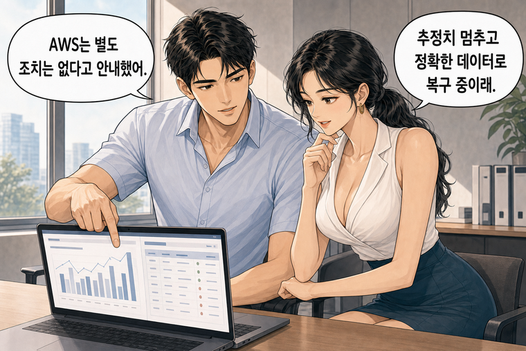 강태윤과 한서윤이 함께 등장하는 웹툰 7컷. 강태윤: AWS는 별도 조치는 없다고 안내했어. 한서윤: 추정치 멈추고 정확한 데이터로 복구 중이래.