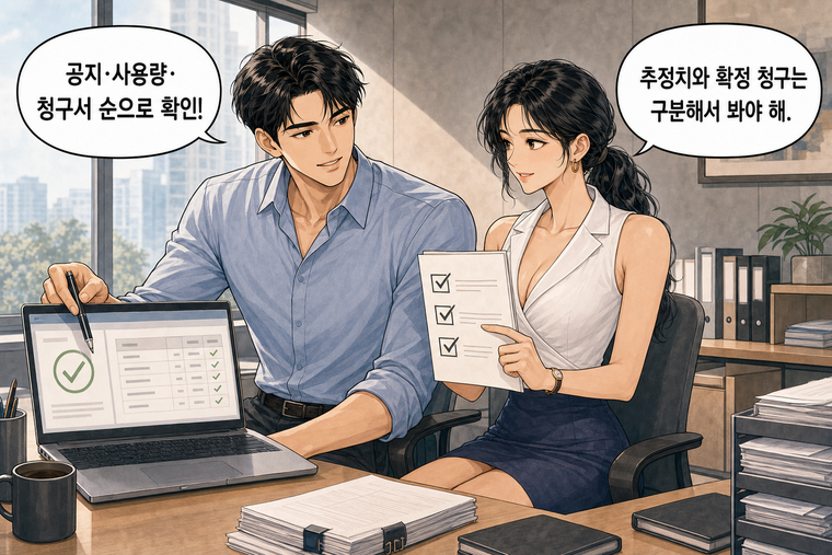 강태윤과 한서윤이 함께 등장하는 웹툰 8컷. 한서윤: 추정치와 확정 청구는 구분해서 봐야 해. 강태윤: 공지·사용량·청구서 순으로 확인!