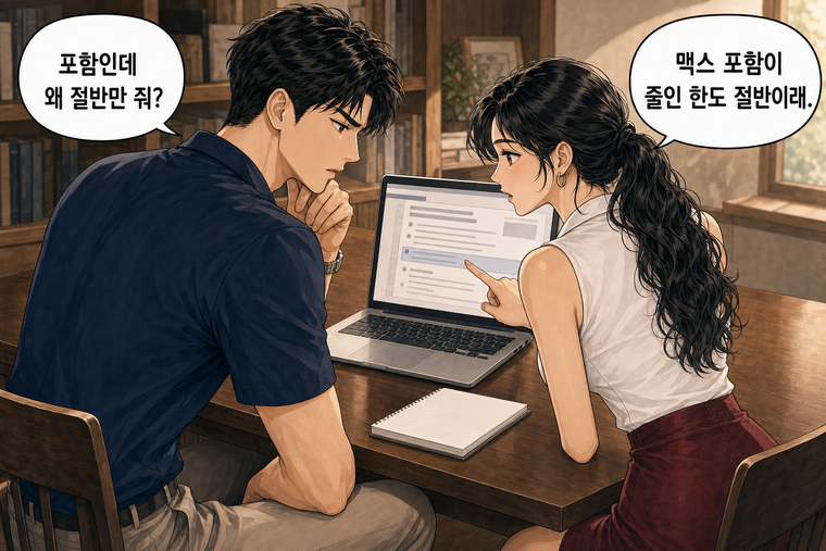 강태윤과 한서윤이 함께 등장하는 웹툰 2컷. 한서윤: 맥스 포함이 줄인 한도 절반이래. 강태윤: 포함인데 왜 절반만 줘?