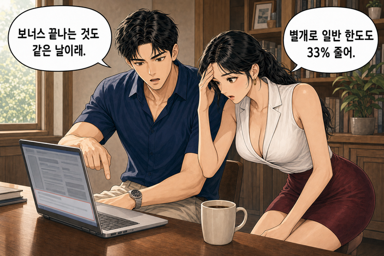 강태윤과 한서윤이 함께 등장하는 웹툰 3컷. 강태윤: 보너스 끝나는 것도 같은 날이래. 한서윤: 별개로 일반 한도도 33% 줄어.