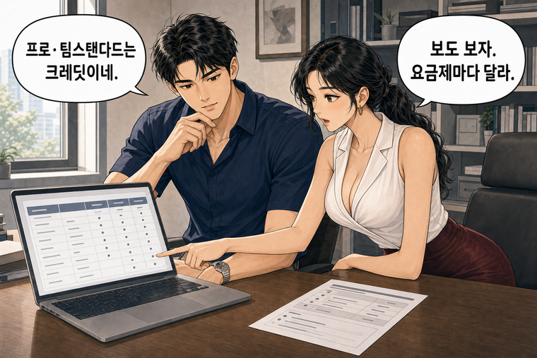 강태윤과 한서윤이 함께 등장하는 웹툰 4컷. 한서윤: 보도 보자. 요금제마다 달라. 강태윤: 프로·팀스탠다드는 크레딧이네.