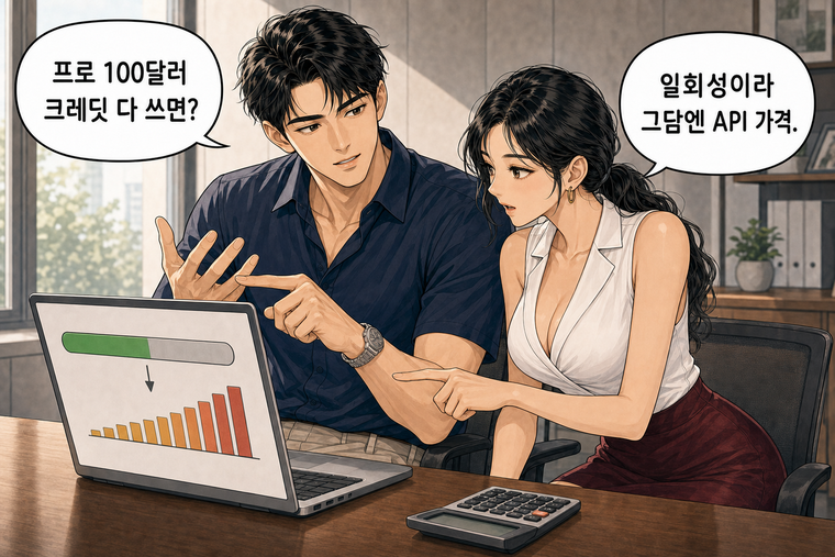 강태윤과 한서윤이 함께 등장하는 웹툰 5컷. 강태윤: 프로 100달러 크레딧 다 쓰면? 한서윤: 일회성이라 그담엔 API 가격.