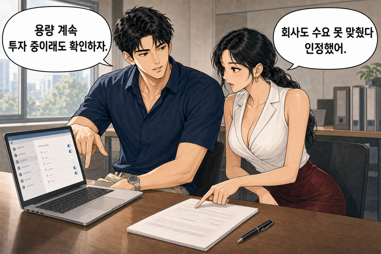 강태윤과 한서윤이 함께 등장하는 웹툰 6컷. 한서윤: 회사도 수요 못 맞췄다 인정했어. 강태윤: 용량 계속 투자 중이래도 확인하자.