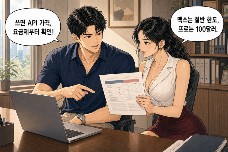 강태윤과 한서윤이 함께 등장하는 웹툰 8컷. 한서윤: 맥스는 절반 한도, 프로는 100달러. 강태윤: 쓰면 API 가격, 요금제부터 확인!