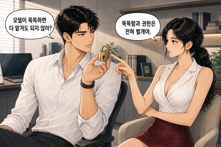 강태윤과 한서윤이 함께 등장하는 웹툰 2컷. 강태윤: 모델이 똑똑하면 다 맡겨도 되지 않아? 한서윤: 똑똑함과 권한은 전혀 별개야.