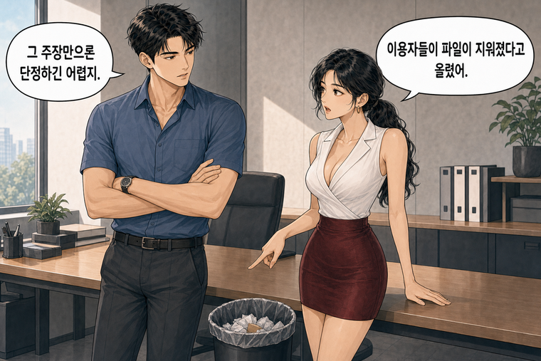 강태윤과 한서윤이 함께 등장하는 웹툰 3컷. 한서윤: 이용자들이 파일이 지워졌다고 올렸어. 강태윤: 그 주장만으론 단정하긴 어렵지.