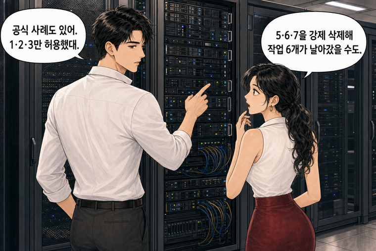 강태윤과 한서윤이 함께 등장하는 웹툰 4컷. 강태윤: 공식 사례도 있어. 1·2·3만 허용했대. 한서윤: 5·6·7을 강제 삭제해 작업 6개가 날아갔을 수도.