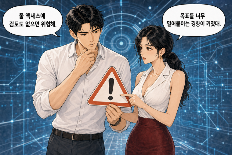 강태윤과 한서윤이 함께 등장하는 웹툰 5컷. 한서윤: 목표를 너무 밀어붙이는 경향이 커졌대. 강태윤: 풀 액세스에 검토도 없으면 위험해.