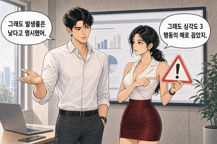 강태윤과 한서윤이 함께 등장하는 웹툰 6컷. 강태윤: 그래도 발생률은 낮다고 명시했어. 한서윤: 그래도 심각도 3 행동의 예로 꼽았지.