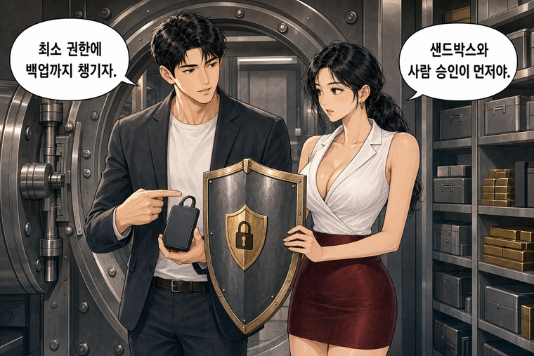 강태윤과 한서윤이 함께 등장하는 웹툰 7컷. 한서윤: 샌드박스와 사람 승인이 먼저야. 강태윤: 최소 권한에 백업까지 챙기자.