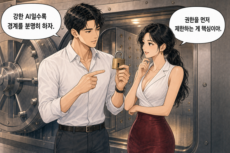 강태윤과 한서윤이 함께 등장하는 웹툰 8컷. 강태윤: 강한 AI일수록 경계를 분명히 하자. 한서윤: 권한을 먼저 제한하는 게 핵심이야.