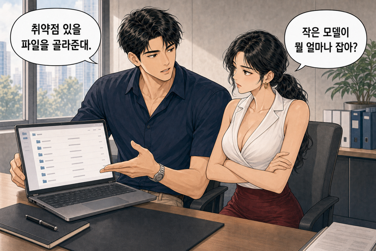 강태윤과 한서윤이 함께 등장하는 웹툰 2컷. 한서윤: 작은 모델이 뭘 얼마나 잡아? 강태윤: 취약점 있을 파일을 골라준대.
