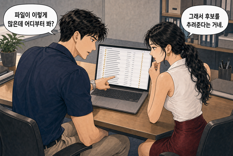 강태윤과 한서윤이 함께 등장하는 웹툰 3컷. 강태윤: 파일이 이렇게 많은데 어디부터 봐? 한서윤: 그래서 후보를 추려준다는 거네.