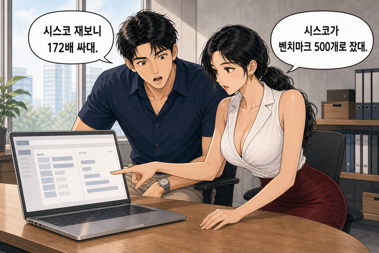 강태윤과 한서윤이 함께 등장하는 웹툰 4컷. 한서윤: 시스코가 벤치마크 500개로 쟀대. 강태윤: 시스코 재보니 172배 싸대.