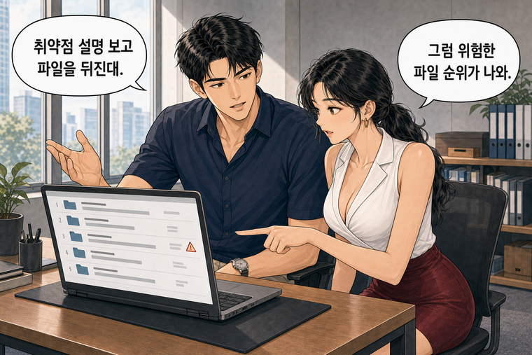 강태윤과 한서윤이 함께 등장하는 웹툰 5컷. 강태윤: 취약점 설명 보고 파일을 뒤진대. 한서윤: 그럼 위험한 파일 순위가 나와.