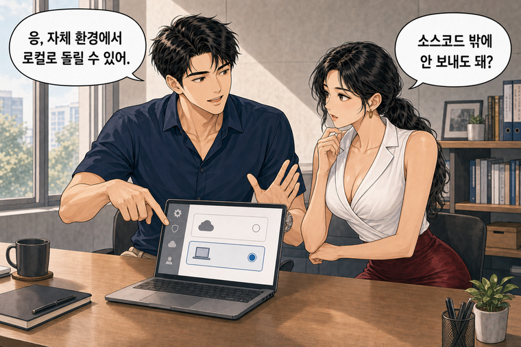 강태윤과 한서윤이 함께 등장하는 웹툰 6컷. 한서윤: 소스코드 밖에 안 보내도 돼? 강태윤: 응, 자체 환경에서 로컬로 돌릴 수 있어.