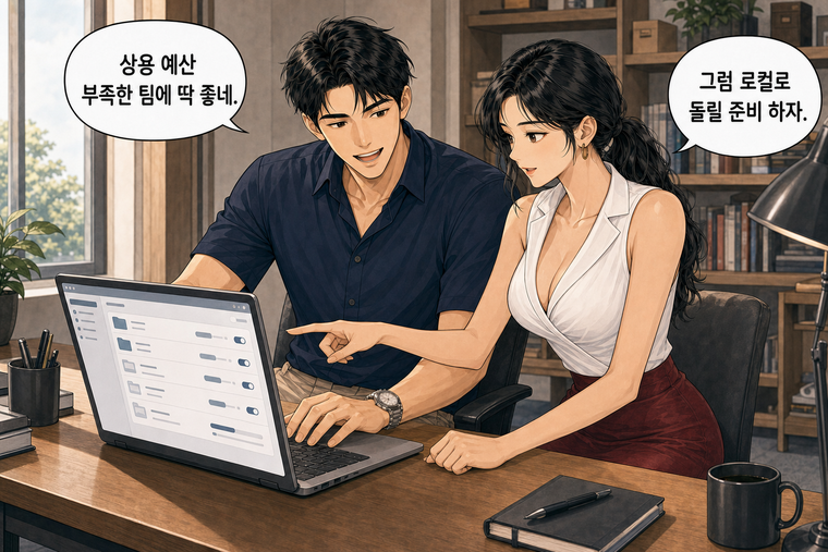 강태윤과 한서윤이 함께 등장하는 웹툰 7컷. 강태윤: 상용 예산 부족한 팀에 딱 좋네. 한서윤: 그럼 로컬로 돌릴 준비 하자.