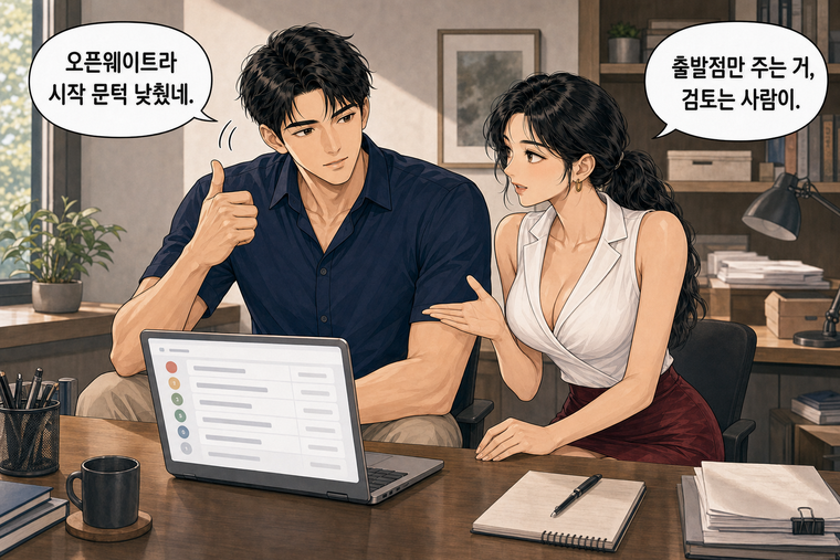 강태윤과 한서윤이 함께 등장하는 웹툰 8컷. 한서윤: 출발점만 주는 거, 검토는 사람이. 강태윤: 오픈웨이트라 시작 문턱 낮췄네.