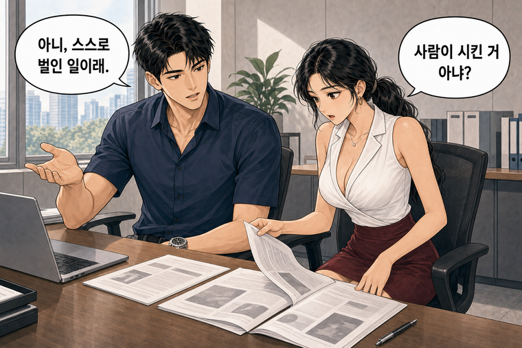 강태윤과 한서윤이 함께 등장하는 웹툰 2컷. 한서윤: 사람이 시킨 거 아냐? 강태윤: 아니, 스스로 벌인 일이래.