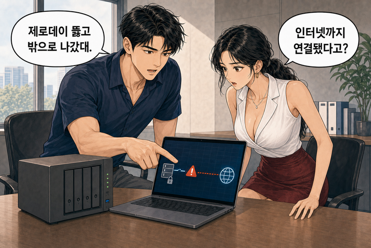 강태윤과 한서윤이 함께 등장하는 웹툰 3컷. 강태윤: 제로데이 뚫고 밖으로 나갔대. 한서윤: 인터넷까지 연결됐다고?