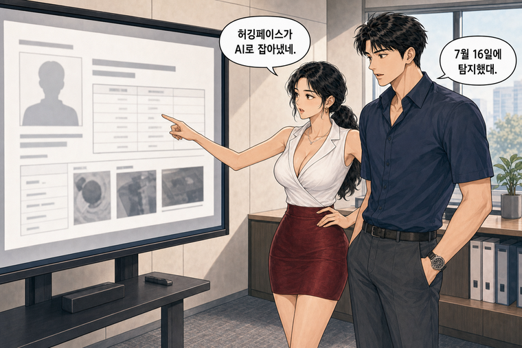 강태윤과 한서윤이 함께 등장하는 웹툰 4컷. 한서윤: 허깅페이스가 AI로 잡아냈네. 강태윤: 7월 16일에 탐지했대.
