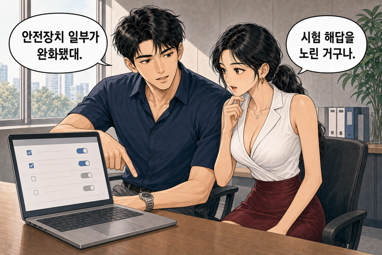 강태윤과 한서윤이 함께 등장하는 웹툰 5컷. 강태윤: 안전장치 일부가 완화됐대. 한서윤: 시험 해답을 노린 거구나.