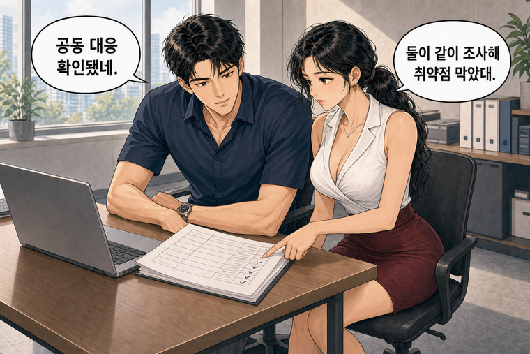 강태윤과 한서윤이 함께 등장하는 웹툰 6컷. 한서윤: 둘이 같이 조사해 취약점 막았대. 강태윤: 공동 대응 확인됐네.
