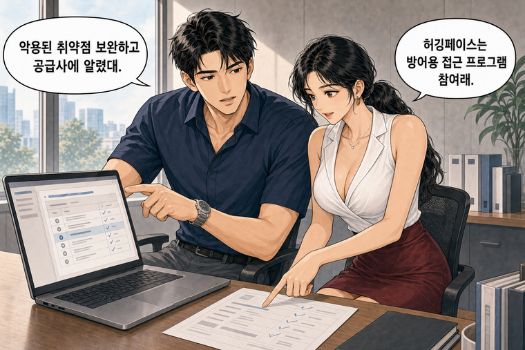 강태윤과 한서윤이 함께 등장하는 웹툰 7컷. 강태윤: 악용된 취약점 보완하고 공급사에 알렸대. 한서윤: 허깅페이스는 방어용 접근 프로그램 참여래.