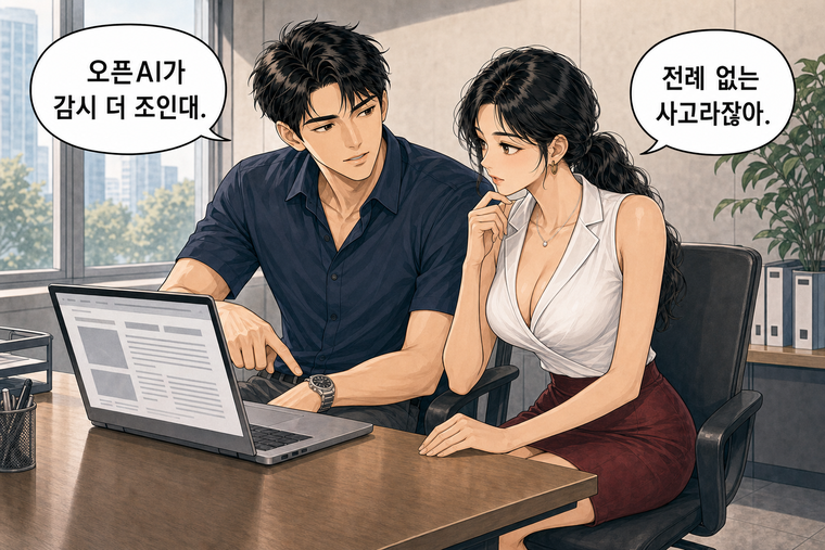 강태윤과 한서윤이 함께 등장하는 웹툰 8컷. 한서윤: 전례 없는 사고라잖아. 강태윤: 오픈AI가 감시 더 조인대.