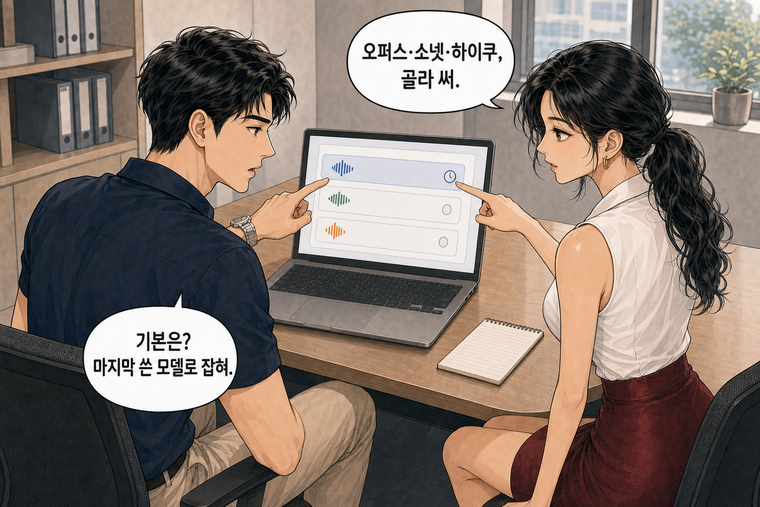 강태윤과 한서윤이 함께 등장하는 웹툰 2컷. 한서윤: 오퍼스·소넷·하이쿠, 골라 써. 강태윤: 기본은? 마지막 쓴 모델로 잡혀.