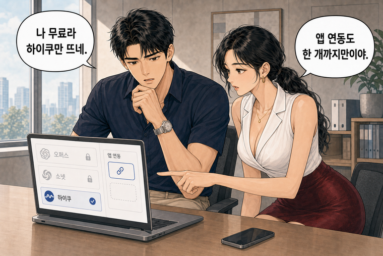 강태윤과 한서윤이 함께 등장하는 웹툰 3컷. 강태윤: 나 무료라 하이쿠만 뜨네. 한서윤: 앱 연동도 한 개까지만이야.