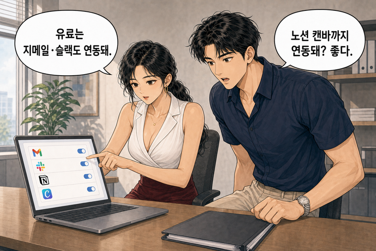 강태윤과 한서윤이 함께 등장하는 웹툰 4컷. 한서윤: 유료는 지메일·슬랙도 연동돼. 강태윤: 노션 캔바까지 연동돼? 좋다.