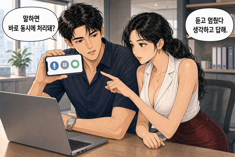 강태윤과 한서윤이 함께 등장하는 웹툰 5컷. 강태윤: 말하면 바로 동시에 처리돼? 한서윤: 듣고 멈췄다 생각하고 답해.