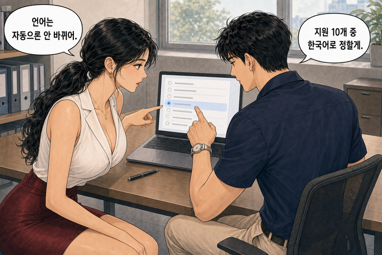 강태윤과 한서윤이 함께 등장하는 웹툰 6컷. 한서윤: 언어는 자동으론 안 바뀌어. 강태윤: 지원 10개 중 한국어로 정할게.