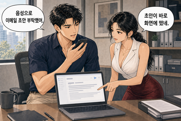 강태윤과 한서윤이 함께 등장하는 웹툰 7컷. 강태윤: 음성으로 이메일 초안 부탁했어. 한서윤: 초안이 바로 화면에 떴네.