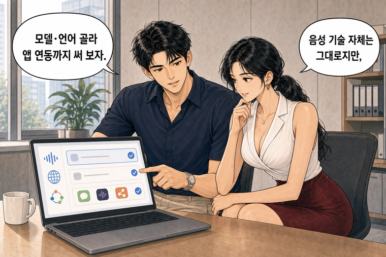강태윤과 한서윤이 함께 등장하는 웹툰 8컷. 한서윤: 음성 기술 자체는 그대로지만, 강태윤: 모델·언어 골라 앱 연동까지 써 보자.