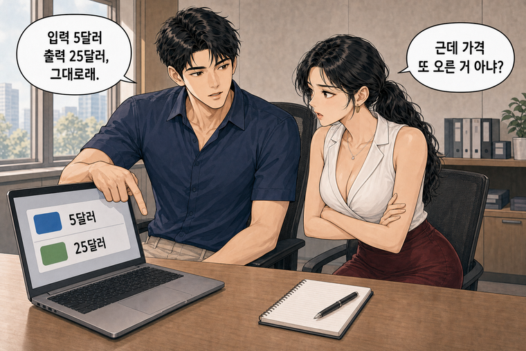 강태윤과 한서윤이 함께 등장하는 웹툰 2컷. 한서윤: 근데 가격 또 오른 거 아냐? 강태윤: 입력 5달러 출력 25달러, 그대로래.
