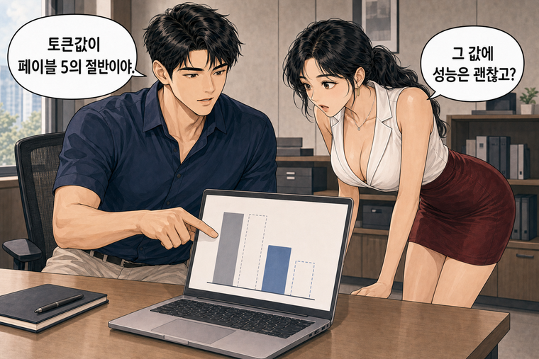 강태윤과 한서윤이 함께 등장하는 웹툰 3컷. 강태윤: 토큰값이 페이블 5의 절반이야. 한서윤: 그 값에 성능은 괜찮고?