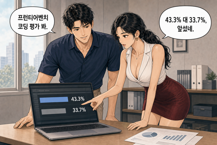 강태윤과 한서윤이 함께 등장하는 웹툰 4컷. 강태윤: 프런티어벤치 코딩 평가 봐. 한서윤: 43.3% 대 33.7%, 앞섰네.