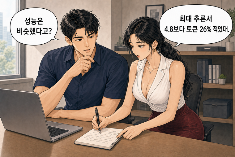 강태윤과 한서윤이 함께 등장하는 웹툰 5컷. 한서윤: 최대 추론서 4.8보다 토큰 26% 적었대. 강태윤: 성능은 비슷했다고?