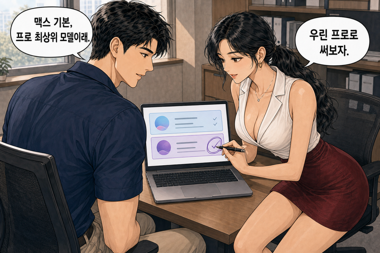 강태윤과 한서윤이 함께 등장하는 웹툰 6컷. 강태윤: 맥스 기본, 프로 최상위 모델이래. 한서윤: 우린 프로로 써보자.