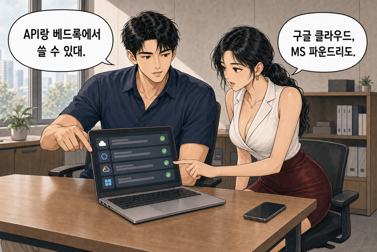 강태윤과 한서윤이 함께 등장하는 웹툰 7컷. 강태윤: API랑 베드록에서 쓸 수 있대. 한서윤: 구글 클라우드, MS 파운드리도.