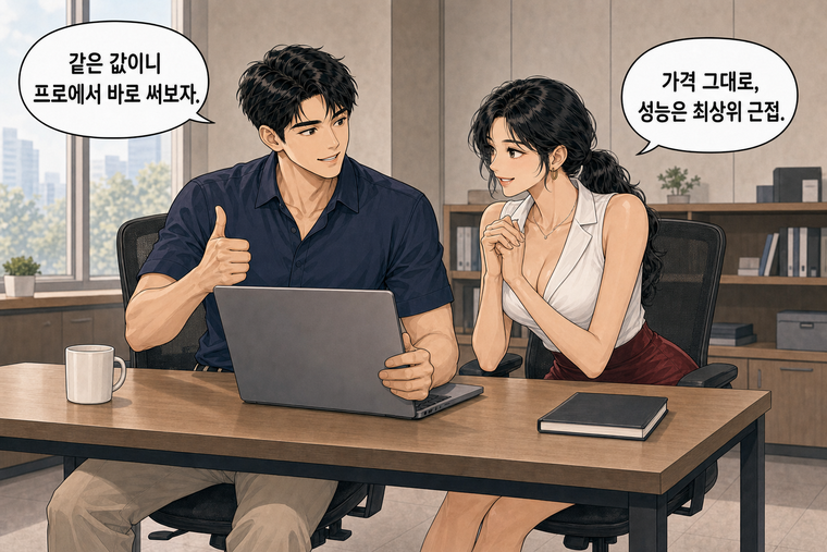강태윤과 한서윤이 함께 등장하는 웹툰 8컷. 강태윤: 같은 값이니 프로에서 바로 써보자. 한서윤: 가격 그대로, 성능은 최상위 근접.