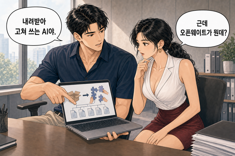 강태윤과 한서윤이 함께 등장하는 웹툰 2컷. 한서윤: 근데 오픈웨이트가 뭔데? 강태윤: 내려받아 고쳐 쓰는 AI야.