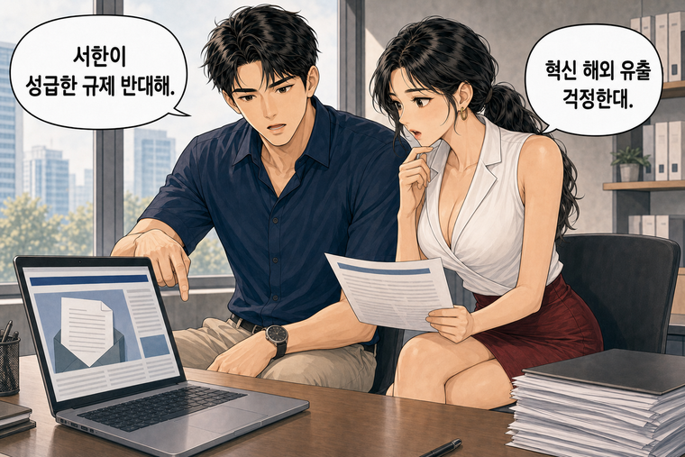 강태윤과 한서윤이 함께 등장하는 웹툰 3컷. 강태윤: 서한이 성급한 규제 반대해. 한서윤: 혁신 해외 유출 걱정한대.